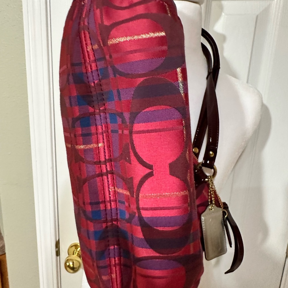 Coach Poppy Plaid Signature Glam Tote Satchel Pink Red Patent Trim EUC - Picture 4 of 11
